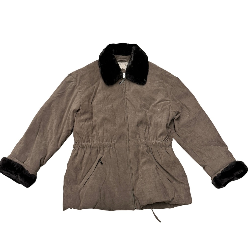 Jones New York Faux Suede Fur Trim Jacket Brown Large Full Zip Cinched Waist